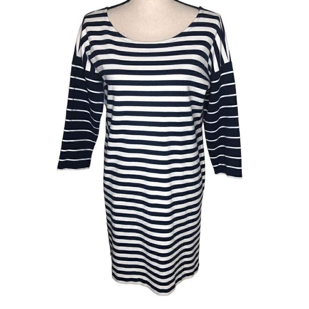 J. Crew Navy and White Striped Three Quarter Sleeve Shift Dress